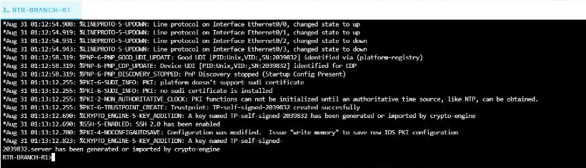 A CML console open on router RTR-BRANCH-R1, showing IOS boot messages above the RTR-BRANCH-R1> user EXEC prompt.